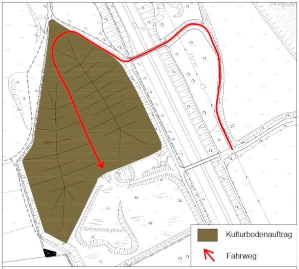 Bauphase 16 Profilierung der Oberflächen, Einbau von kulturfähigem Boden, Errichtung von Entwässerungsmulden 