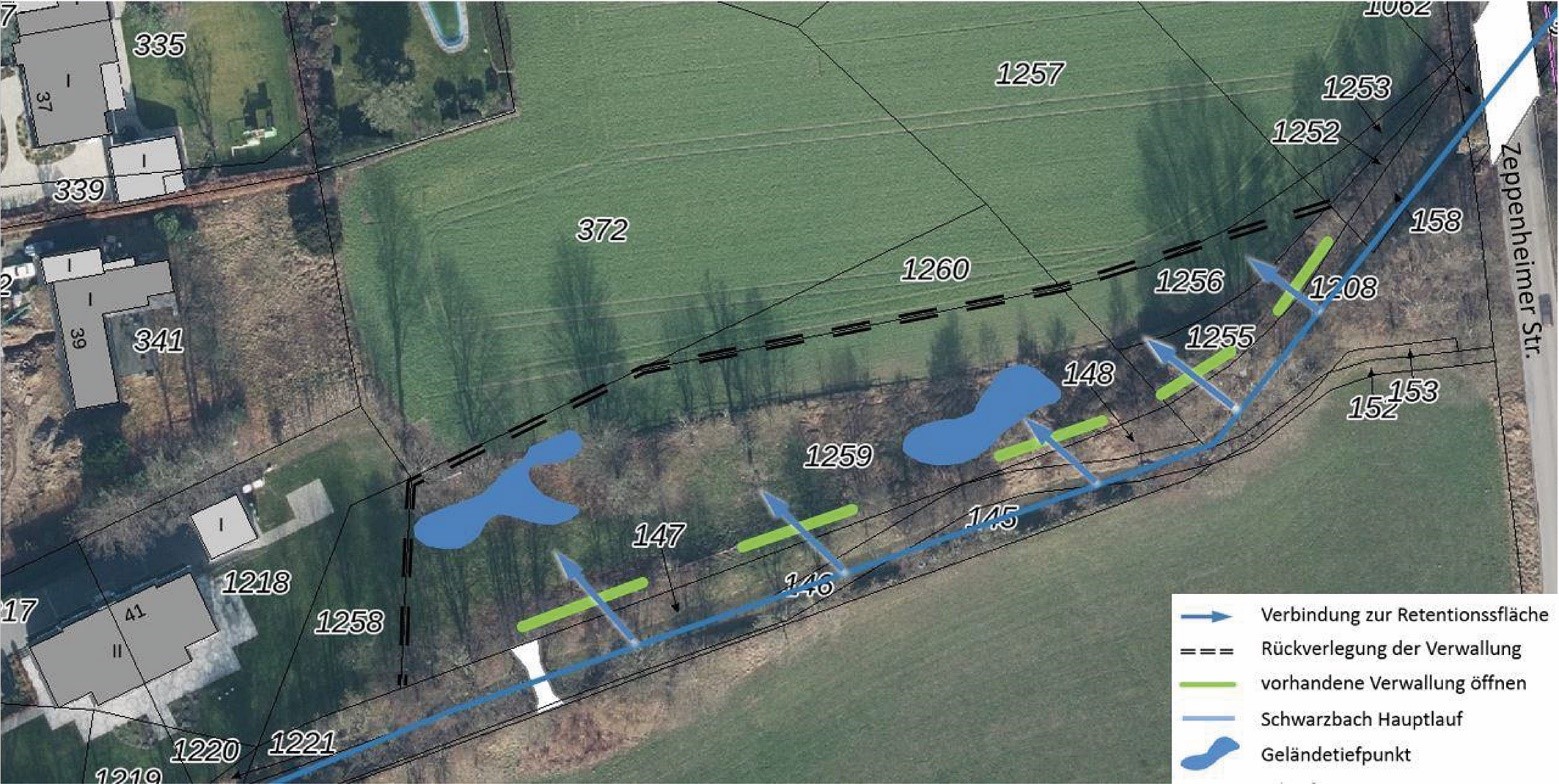 Prinzipskizze zur Öffnung der Verwallung mit Darstellung der temporären Restwasserflächen