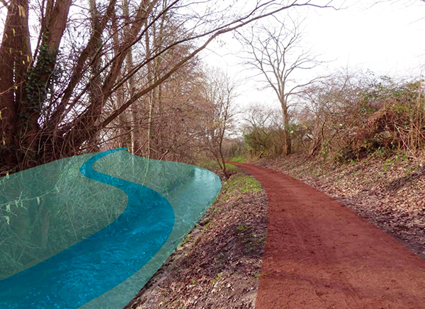 Fotomontage Eselsbach mit eingezeichnetem neuen Bachlauf